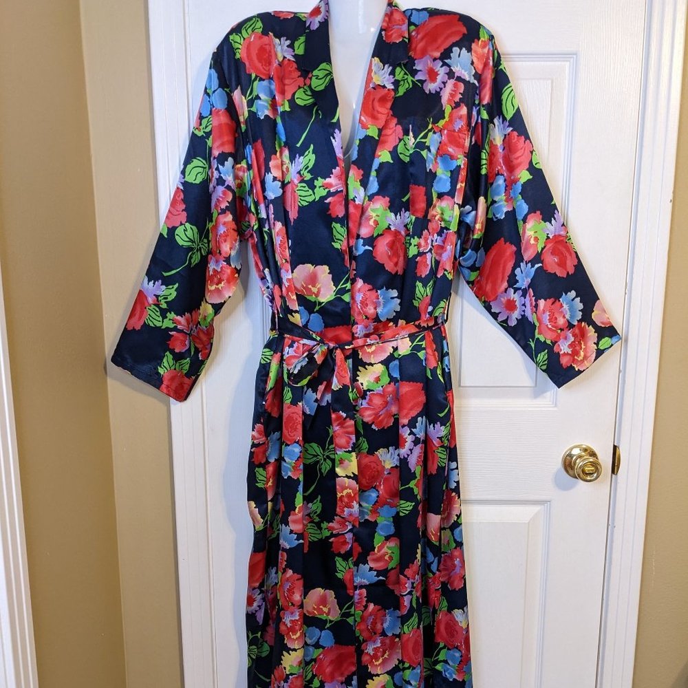 Victoria's Secret Vintage Gold Label Black Floral Full-Length Robe w/Belt - M/L